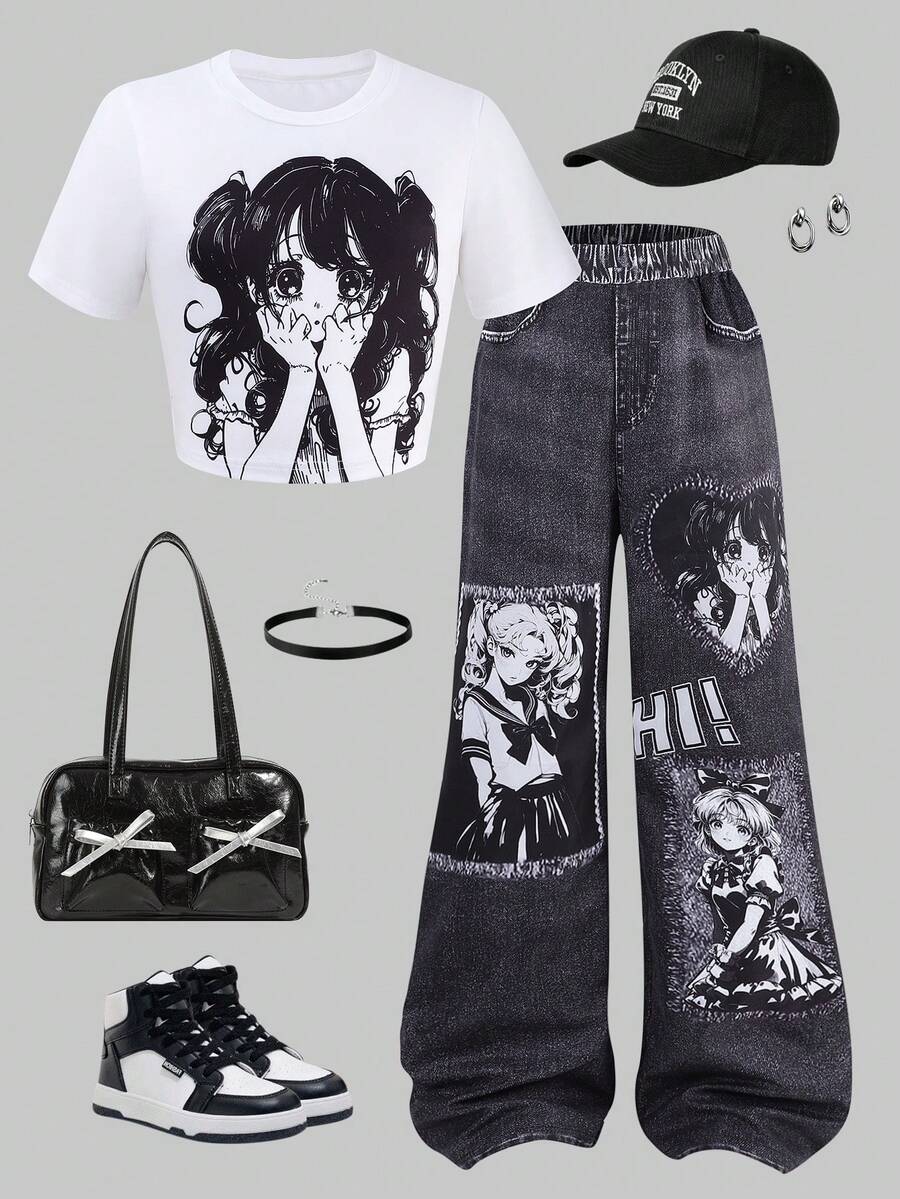 Sparklyn 2pcs/Set Girls Street Fashion Star Graphic Knit Crop Top + Denim Look Printed Loose Cargo Pants Set, Versatile Casual Outfit