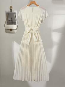 Franclia Đầm dài thanh lịch cổ tròn tay ngắn voan xếp ly thắt nơ eo - Màu be - Xem 2