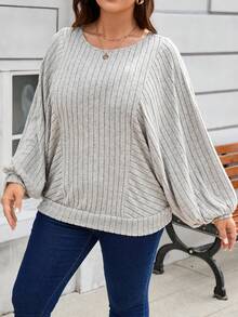 SHEIN PETITE CURVE Plus Size Crew Neck Batwing Sleeve Fleece Sweatshirt - Grey - View 4