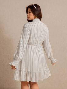 Elaquor Plus Size Casual Minimalist Ruffle Patchwork Solid Color Long Sleeve Dress - Apricot - View 2