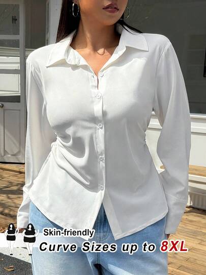 SHEIN CURVE+ 大码女式前扣收腰白色长袖衬衫