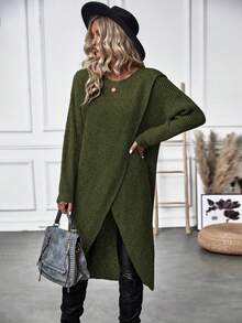 Calvaya Suéter largo de mujer de unicolor con cuello redondo, hombros caídos, manga larga y bajo con abertura, para otoño/invierno