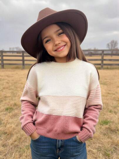 Emery Rose Kids Emery Rose Kids 小女孩青少年女孩条纹图案拼色落肩毛衣，秋冬季，渐变彩虹波浪图案可爱轻便毛衣女童毛衣儿童毛衣粉色毛衣条纹毛衣青少年毛衣，半透明条纹针织毛衣，粉色下摆和落肩款式休闲粉色条纹针织套头衫，圆领和柔和粉色波浪的青少年女孩粉色条纹毛衣，新款秋季时尚，姐姐和我，