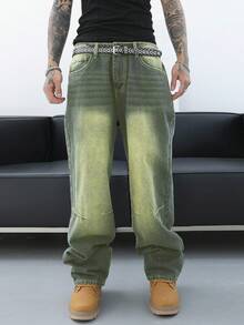 Manfinity EMRG 男士時尚寬鬆直筒牛仔褲，夏季老舊破洞設計，帶口袋長褲，純藍色款式，適用於派對和說唱