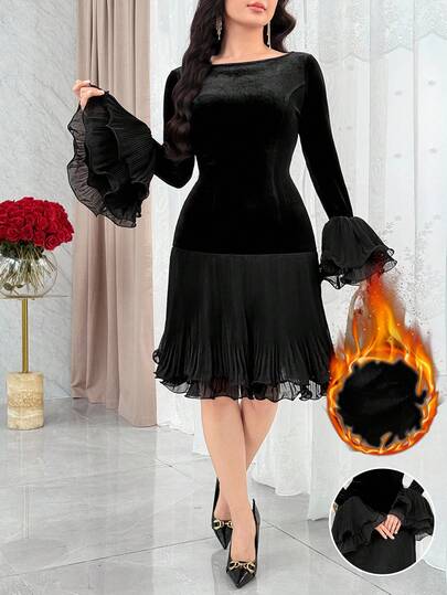 Feyla Vestido mini elegante de mujer con cuello redondo, mangas acampanadas, plisado y volante en el bajo