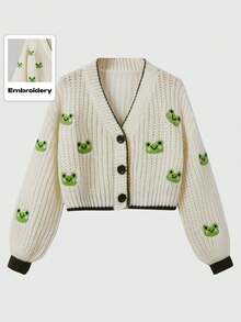 ROMWE Fairycore Áo len cardigan thêu hình con ếch có nút phía trước cho nữ, đi học - Nhiều màu - Xem 1