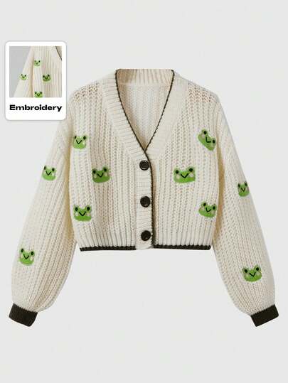 Fairycore Cardigan à boutons avec broderie de grenouille pour femmes, pour l'école