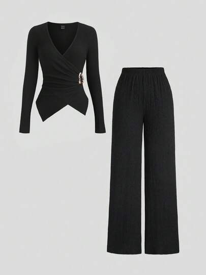 SHEIN PETITE 2pcs/Set Women Minimalist Commuter Knit Textured Comfortable Casual Metal Buckle Decor Petite Set, Autumn/Winter