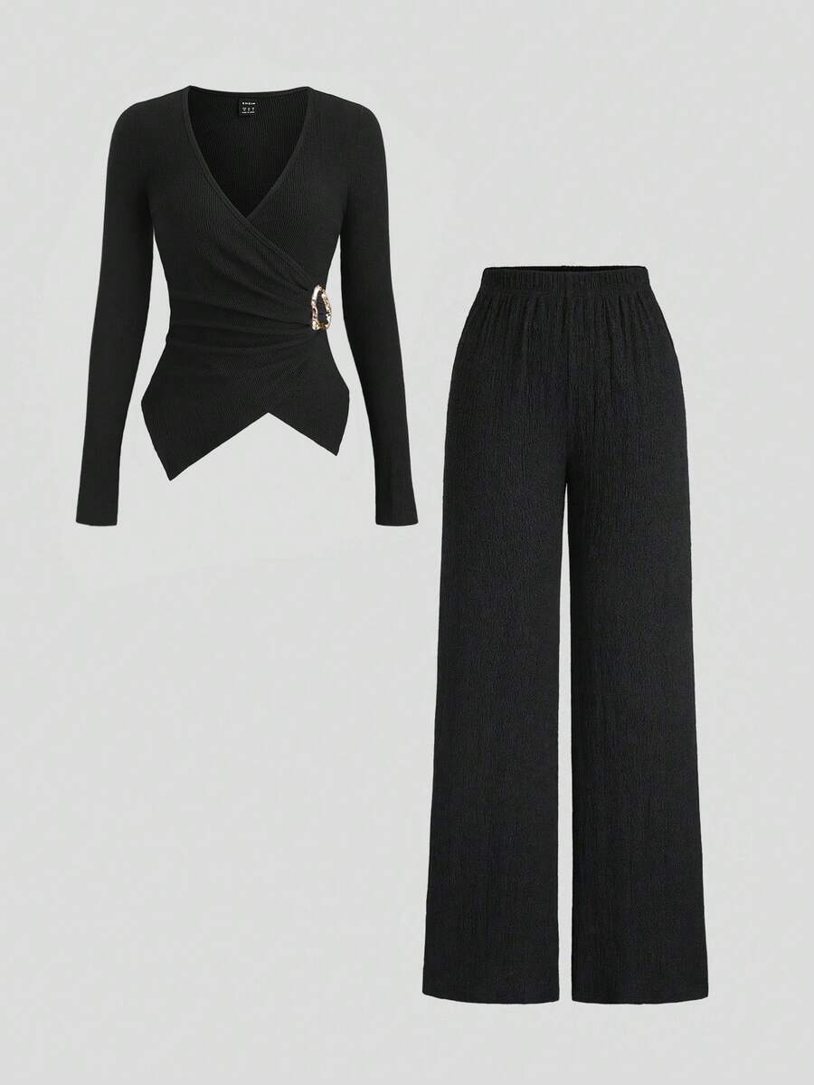 Sweetra Petite Bộ 2 món đồ nữ tối giản, họa tiết đan, thoải mái, khóa kim loại, trang trí giản dị, thu/đông - màu đen - Xem 1