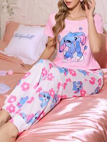 甜美碎花圆领撞色女士睡衣套装 - 彩色 - 查看 1