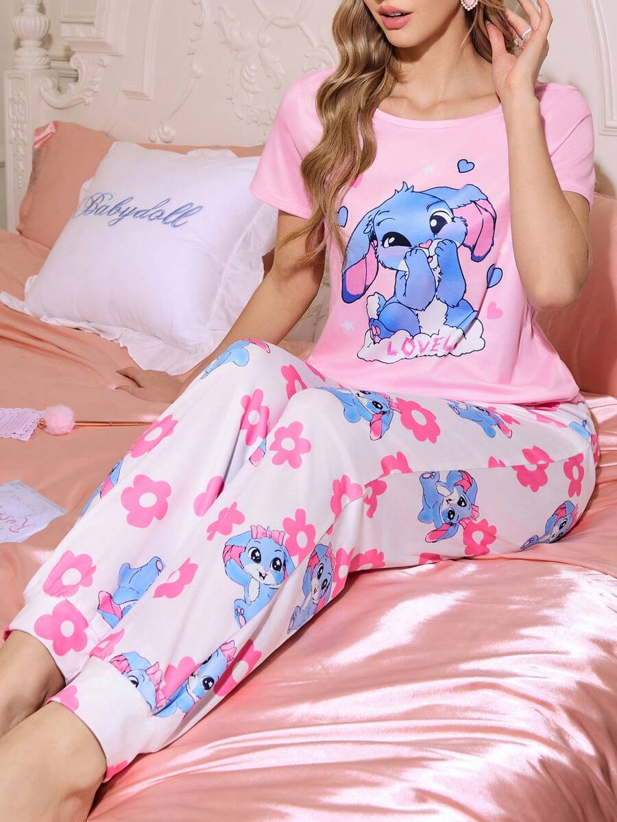 甜美碎花圆领撞色女士睡衣套装 - 彩色 - 查看 1