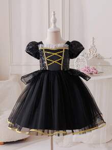 SHEIN Glamorique Kids Mädchen Prinzessin Pailletten Tüll Kleid, gelbes Tüllkleid für Geburtstags-Party, Hochzeit, Feiertage, ganzjährig - Schwarz - Übersicht 3