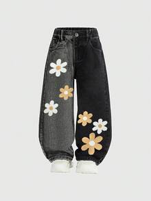 SHEIN 女童直筒牛仔裤，黑白撞色，花卉刺绣，舒适棉质面料，松紧腰带，休闲户外百搭，适合日常穿着、度假、摄影、衣橱必备、上学、聚会等场合，新品上市 - 彩色 - 查看 3