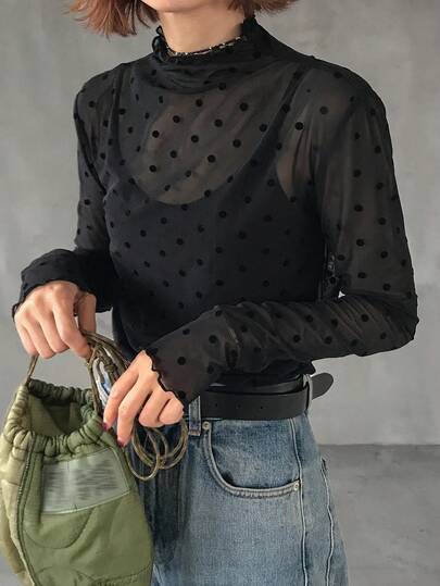 FRIFUL ポルカドットプリントメッシュ長袖ブラウス スタンドカラー付き