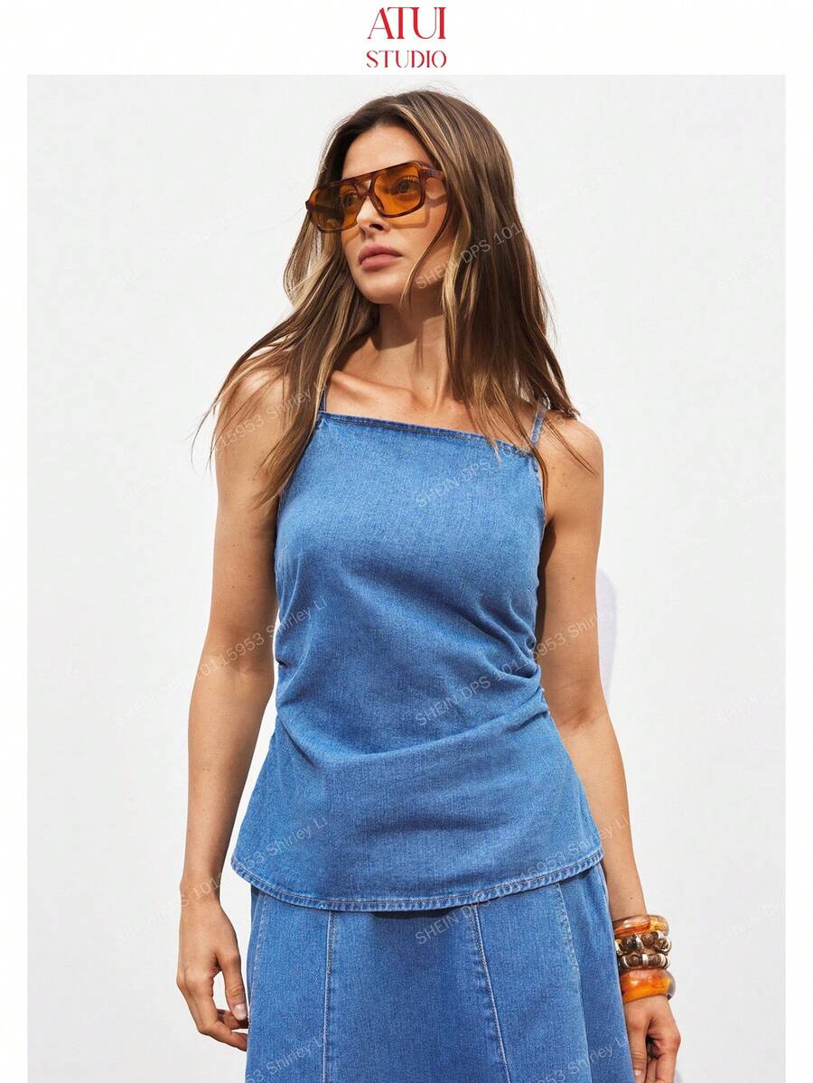 ATUI Studio Women's Casual Washed Denim Camisole Top, Summer