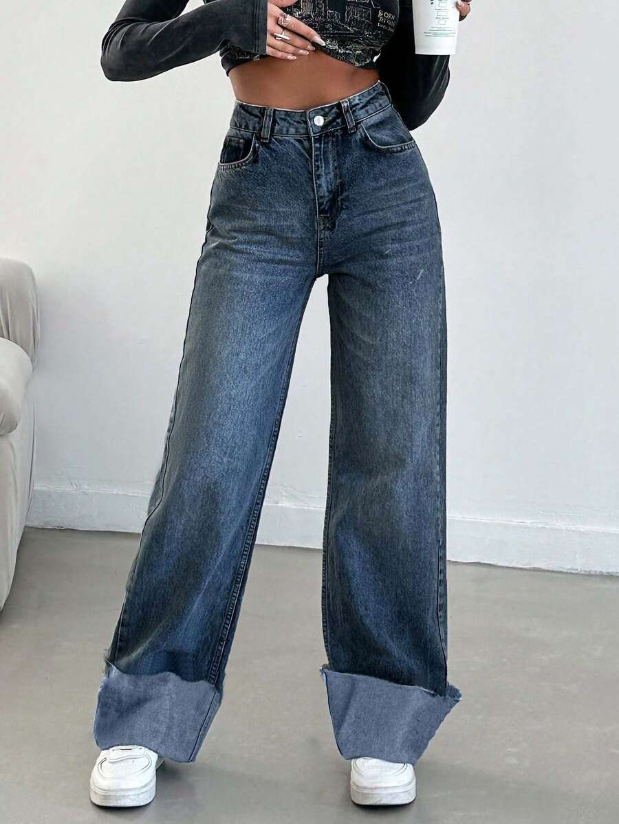EURMUSE 100%Cotton Casual High Waist Leg Detail Baggy Jeans - Dusty Blue - View 1
