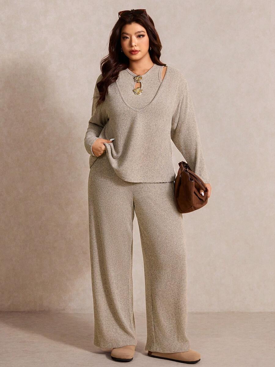 Elaquor 3pcs Plus Size Solid Color Sleeveless Top And Long Pants Set - Khaki - View 1