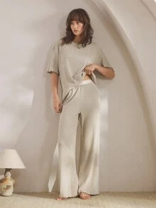 Ocili Leisure Soft Waffle Knit Mid-Sleeve Pants Pajama Set For Women, Comfortable & Chic Autumn/Winter