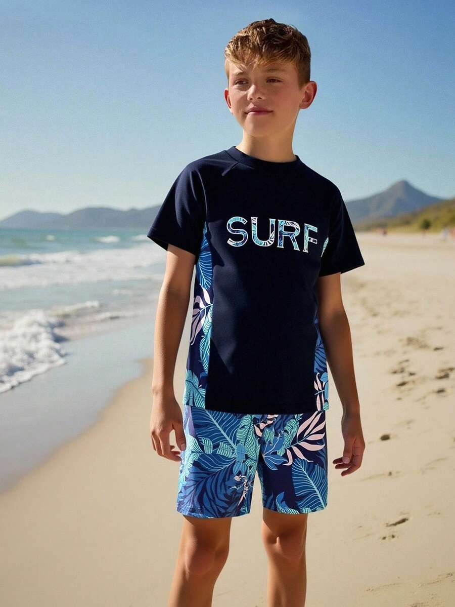 Plus Size Boys' Swimsuit, Top With Placement Print, Bottom With Random Print