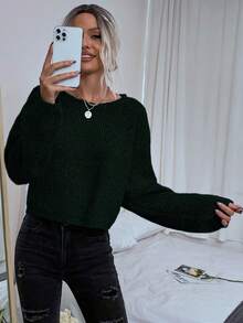 SHEIN LUNE Women Casual Solid Color Dropped Shoulder Loose Ribbed Knit Pullover Sweater Gray Sweatergrey Jumper - Dark Green - View 3