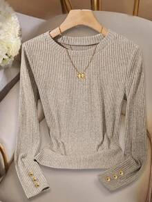 Franclia Plus Size Elegant Round Neck Knit T-Shirt, Minimalist Fashion Knit Top, Autumn/Winter - Apricot - View 1