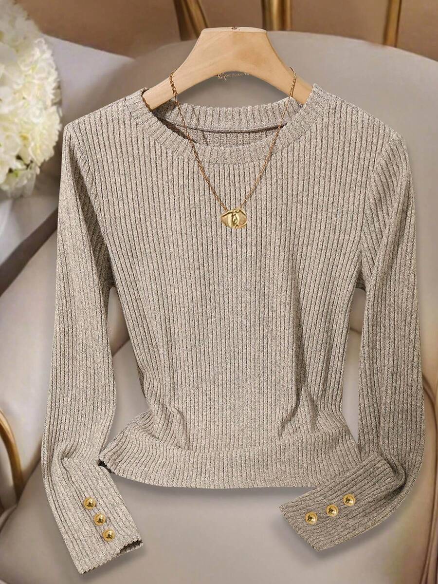 Franclia Plus Size Elegant Round Neck Knit T-Shirt, Minimalist Fashion Knit Top, Autumn/Winter - Apricot - View 1