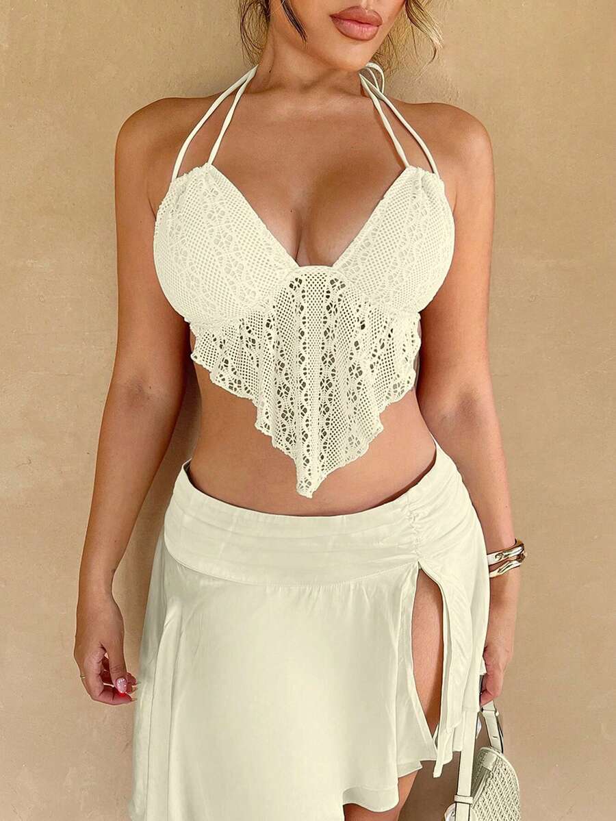 Zolique Beach Vacation Woman Sexy Drawstring Halter Simple Fashion Daily Casual - Apricot - View 1