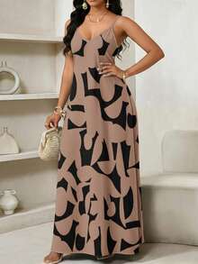 SHEIN Lady Họa tiết hình học, váy dài trơn thích hợp mặc thường ngày - Màu Khaki - Xem 3