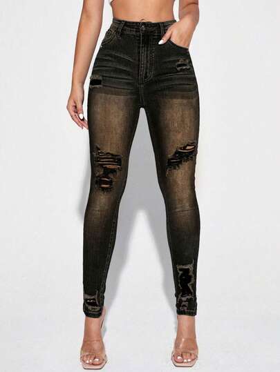 SHEIN Essnce Solid Color Distressed Pocket Skinny Fashion Jeans,Black Jeans