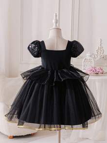 SHEIN Glamorique Kids Mädchen Prinzessin Pailletten Tüll Kleid, gelbes Tüllkleid für Geburtstags-Party, Hochzeit, Feiertage, ganzjährig - Schwarz - Übersicht 2