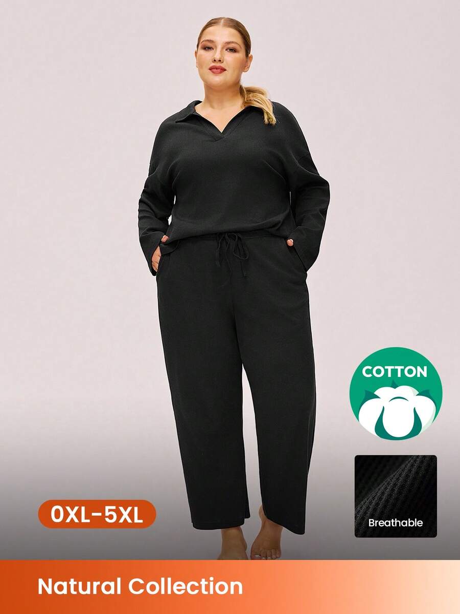 LUVLETTE Autumn And Winter Plus Size Women Soft Cotton Waffle Basic Long-Sleeve & Long Pants Loungewear 2 Piece Pajama Set With Pockets Lingerie Pants With Pockets Fall Pajamas - Black - View 1