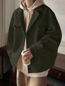 Claim Dot 男士休闲长袖纽扣外套，秋冬季，男士秋冬轻奢成熟休闲粗花呢翻领口袋保暖弹力袖口大衣 - 軍綠色 - 查看 1