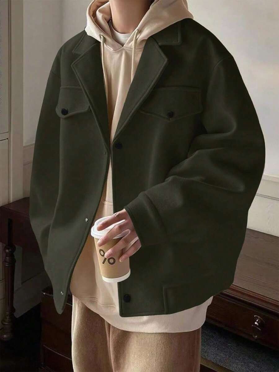 Claim Dot 男士休闲长袖纽扣外套，秋冬季，男士秋冬轻奢成熟休闲粗花呢翻领口袋保暖弹力袖口大衣 - 軍綠色 - 查看 1