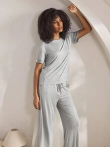 Ocili 休闲简约荷叶边下摆系带长袖上衣和裤子女士睡衣套装，别致秋季 - 灰色 - 查看 5