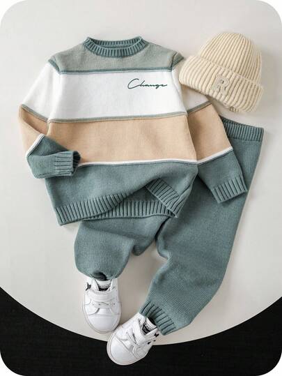 SHEIN Young Boy Loose Casual Minimalist Comfortable Round Neck Patchwork Contrast Color Sweater Set Flash Burgundy Boho Goth Y2k Streetwear Rave Vacation Holiday Party Festival Fall Winter Winter Clothes Retro Vintage Casual Cozy