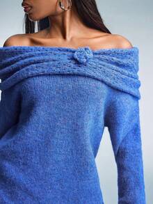 Aveloria GENKIRA Suéter holgado y versátil con diseño floral 3D, cuello plisado y hombros asimétricos para mujer, ideal para otoño/invierno - Azul - Ver 7