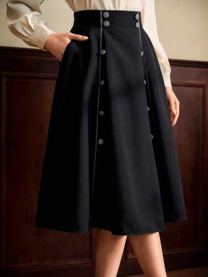 Vintamour 复古优雅女士A字裙，宽松棕色，带口袋，双排扣，休闲办公假日喇叭裙，秋季女装，商务休闲女装，返校季女装，冬季女装，秋季裙装，办公装，秋季女装，冬季女装，秋季服装，田园风，生日女装，圣诞节服装，工作服，复古风