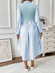 EMERY ROSE 一件女士长袖休闲衬衫裙，叠层设计，秋季长款女装 - 藍白色 - 查看 2