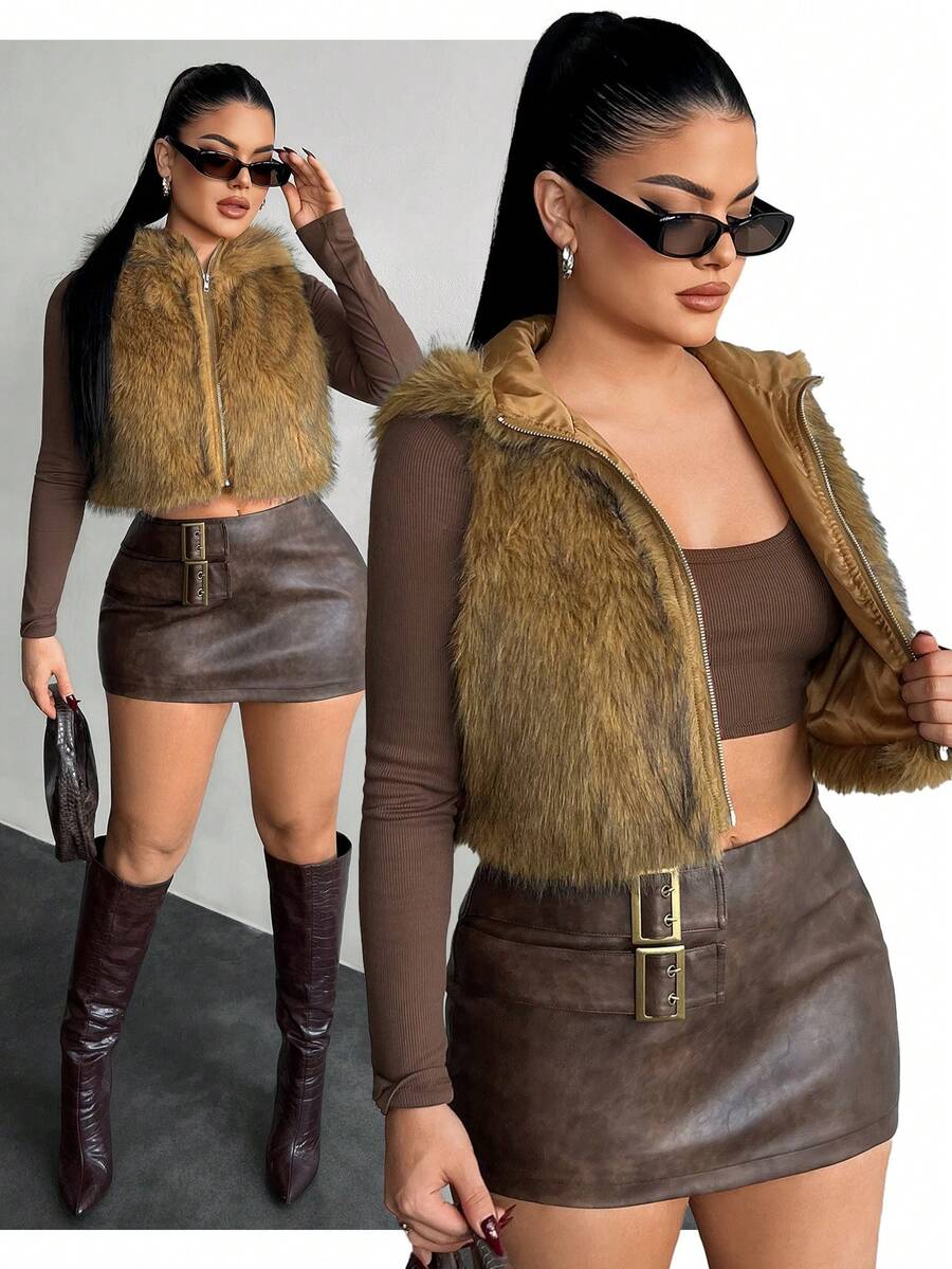 SHEIN SXY Retro Y2K Kunstfell Kapuzenweste, modisch für Herbst/Winter, Braun, Thanksgiving, Winter - Kaffeebraun - Übersicht 1