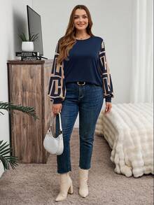 SHEIN LUNE 大码撞色灯笼袖休闲宽松上衣，秋冬假日款 - 寶藍色 - 查看 6