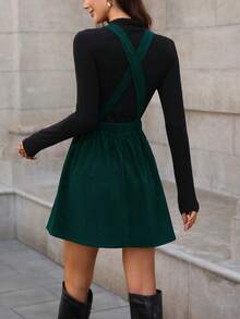 SHEIN LUNE Women's Solid Color Casual Versatile Pinafore Dress, Autumn/Winter - Dark Green - View 2