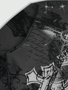 ROMWE MEN Goth 男士街头风印花套头卫衣，适合日常穿着，春夏款 - 灰色 - 查看 4