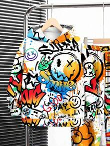 SHEIN 2 件装 Tween 男童休闲卡通字母印花连帽衫套装，舒适，适合秋冬季 - 彩色 - 查看 5