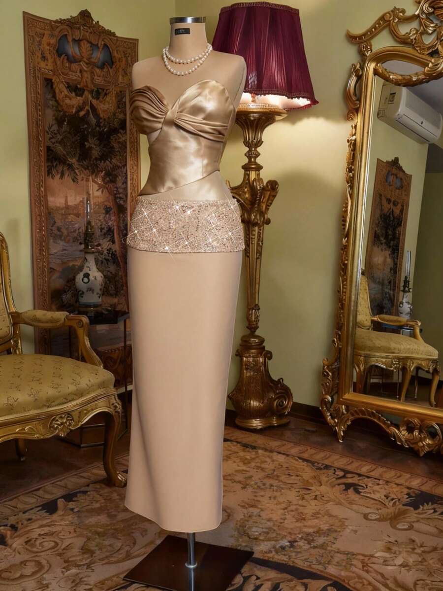 SHEIN Unity Chân váy xẻ tà bằng vải satin đính sequin lấp lánh dành cho nữ, thích hợp mặc dự tiệc vào mùa thu/đông - Rượu sâm banh - Xem 1