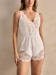 Charlaine Women's Solid Color Lace Patchwork Sleeveless Jumpsuit Pajamas - White - View 5