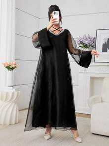 Al Najma 女士优雅水钻领网纱袖土耳其长款连衣裙，适合正式场合 - 黑色 - 查看 4