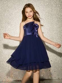 Váy voan xếp tầng không tay nhún eo bằng vải satin thanh lịch cho bé gái tuổi teen, màu xanh navy - Màu xanh hải quân - Xem 5