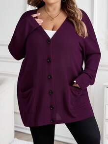 SHEIN CURVE+ Plus Size Women's Solid Color Autumn Purple Sweater Cardigan With Pockets, Holiday Set/Winter - Purple - View 4