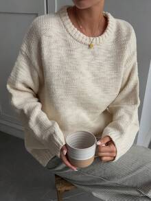 Livesso Women's Solid Color Round Neck Drop Shoulder Long Sleeve Casual Loose Sweater, Autumn/Winter - Beige - View 7