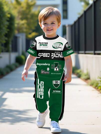 2pcs/Set Young Boy Casual Chic Racing Sports Style Graphic Print Crew Neck Short Sleeve T-Shirt And Pants Set, Suitable For Racing Sports